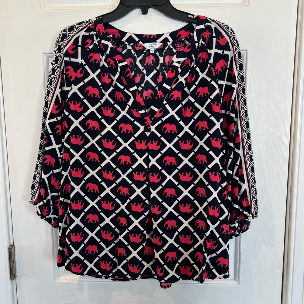 Crown & Ivy Navy and Pink Elephant Blouse